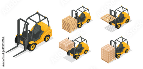 Set of forklift trucks. Stickers with vehicles for loading, lifting and moving cargo and boxes. Design elements for website or app. Cartoon isometric vector collection isolated on white background