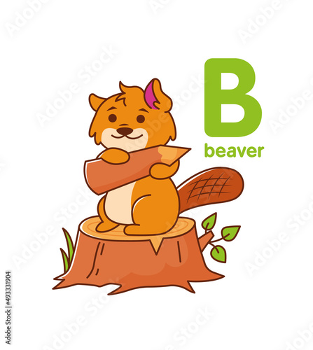 A beaver sits on a stump with a pencil. Cute animal. Vector illustration alphabet