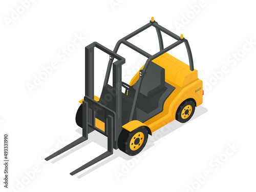 Forklift for raising and transporting goods concept. Vehicle for working in warehouse and transporting large and heavy loads. Design element for websites and app. Cartoon isometric vector illustration