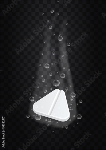 Triangular Tablet with bubbles concept. Pill for treatment of diseases, abdominal pain, infections and inflammations, Effervescent or fizzy solution in water. Cartoon realistic vector illustration