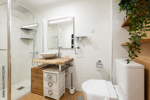 Toilet with white shell sink on wooden log countertop and glass-enclosed shower stall with vine plants and white chest of drawers