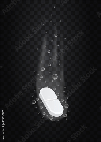 Oval Tablet with bubbles concept Pill or vitamin supplement dissolving in effervescent water. Fizzy solution for treating diseases and strengthening immunity. Cartoon realistic vector illustration