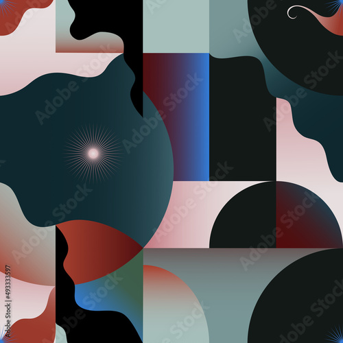 Abstract shapes pattern repeatable magic stars retro semicircle texture textile fabric galaxy brain waves green soft muted colors feminine blocks gradient