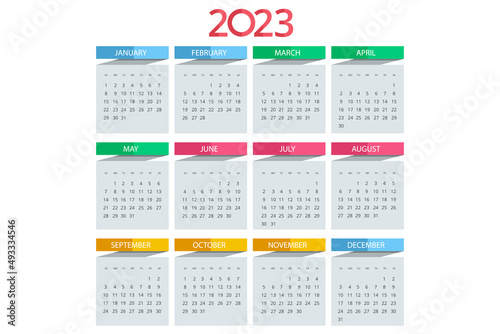 Calendar Planner for 2023. Calendar template for 2023. Stationery Design Print Template. Week Starts on Sunday.