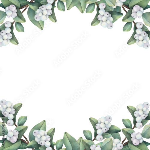 Hand drawn  frame of watercolor snowberry branches. Watercolor illustration frame of snowberry and leaves.