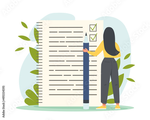 Time management or planning concept. Young woman with large pencil makes notes in notebook and notes completed tasks. Employee efficiency and productivity. Cartoon modern flat vector illustration