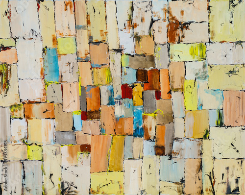 An irregular grid painting with rough brushwork.