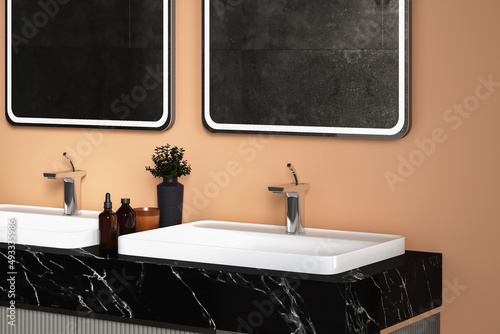 Close up black bathroom furniture with accessories. Square mirrors are hanging on a orange tone wall. Side view. 3d rendering 