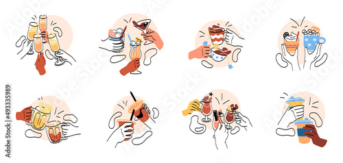 Set of hands with various drinks