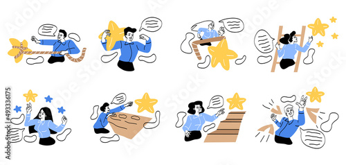 Set of people overcoming obstacles on way to success