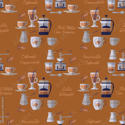 Coffee Time seamless pattern. Coffee equipment icons and words. Vector.