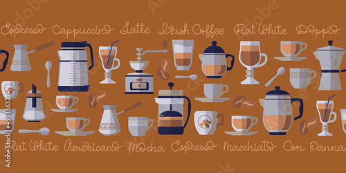 Coffee Time seamless pattern. Coffee equipment icons and words. Vector.