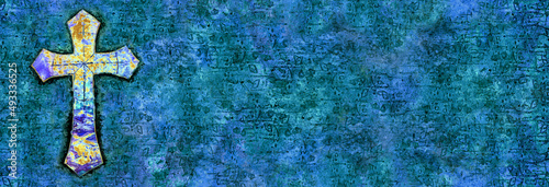 Extra wide paint & ink bright cross on blue / blue green with printmaking texture with copy space