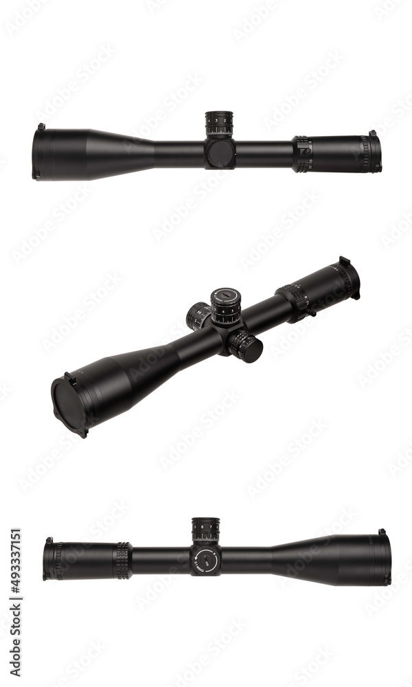 Modern black optical sight. Optical device for aiming at long distances. Isolate on a white back Modern black optical sight. Optical device for aiming at long distances. Isolate on a white back