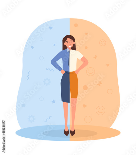 Life and work balance concept. Female entrepreneur in office suit on left and in yoga and fitness tracksuit on right. Two components of life. Business and routine. Cartoon flat vector illustration