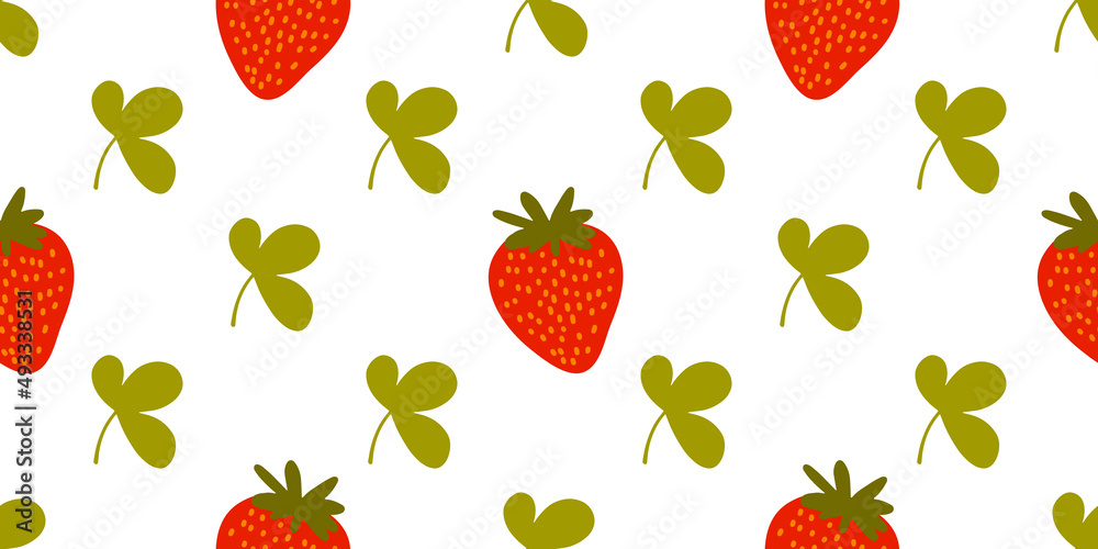 Vector seamless pattern. Sweet red fruit berry with flowers and leaves. Summer background for social medai. Promotion of food market, local shops. For printing on paper and fabric, banners, wallpaper. Vector seamless pattern. Sweet red fruit berry with flowers and leaves. Summer background for social medai. Promotion of food market, local shops. For printing on paper and fabric, banners, wallpaper.