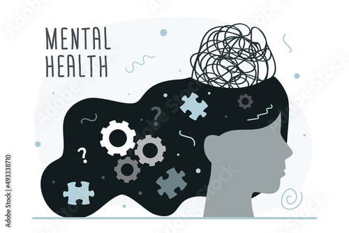 Cartoon woman have problems with mental health, ADHD and depression. Concept of psychological healthcare, consulting with psychologist