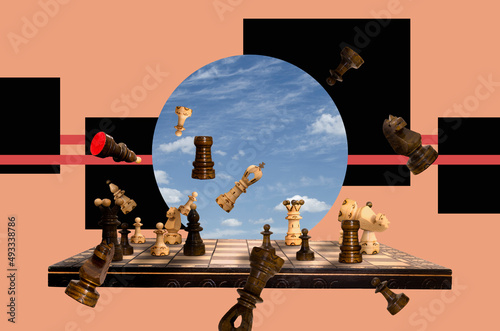 Collage art With Chess Pieces And Chess Board photo