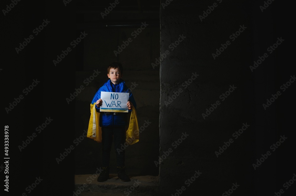 Kids with poster with banner of russia conflict, military protest. Child with message Stop War. America stand with Ukraine. Kids with poster with banner of russia conflict, military protest. Child with message Stop War. America stand with Ukraine.