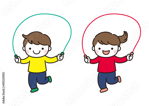 Illustration color of children playing with fun jump rope 楽しくなわとびで遊ぶ子供たちのイラスト カラー