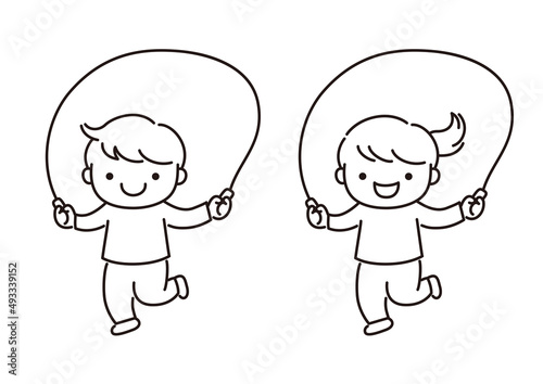 Illustrations of children playing with fun skipping rope Black and white   楽しくなわとびで遊ぶ子供たちのイラスト　白黒