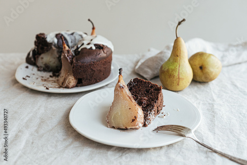 Sliced chocolate pear bundt cake photo