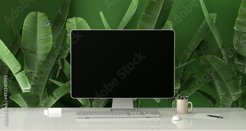 mockup avec bureau et ordinateur thème nature - rendu 3D photo