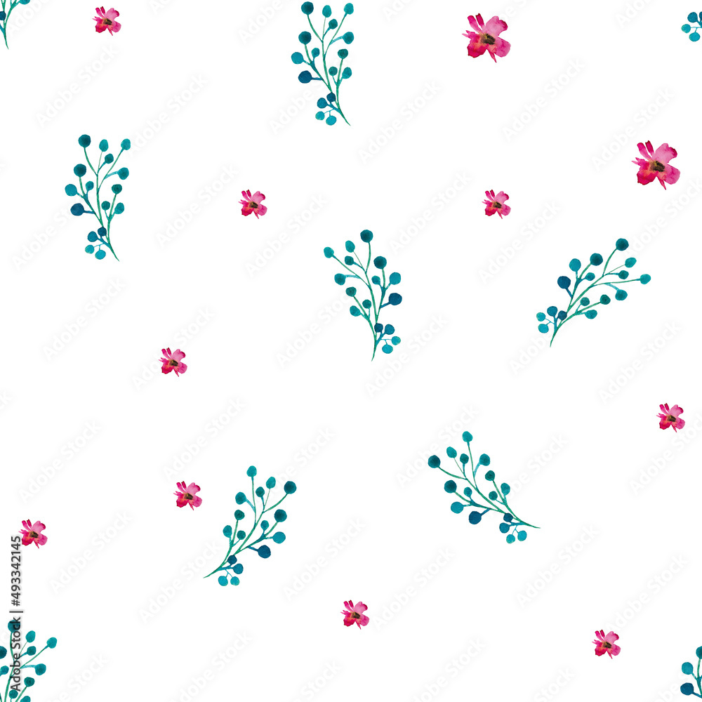 Watercolor seamless floral colorful pattern on a white background.Design of fabric, textile, wallpaper, fashion, gift and wrapping paper, card design.Modern and contemporary flowers and plants
