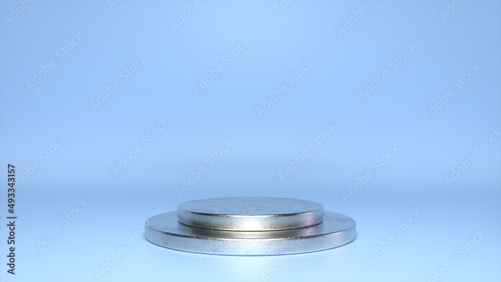 Chrome glossy podium, pedestal on blue background. Blank showcase mockup with empty round stage. Abstract geometry shape background. Stage for advertising product display with copy space. 3d render Chrome glossy podium, pedestal on blue background. Blank showcase mockup with empty round stage. Abstract geometry shape background. Stage for advertising product display with copy space. 3d render