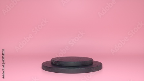 Black glossy podium  pedestal on pink background. Blank showcase mockup with empty round stage. Abstract geometry shape background. Stage for advertising product display with copy space. 3d render