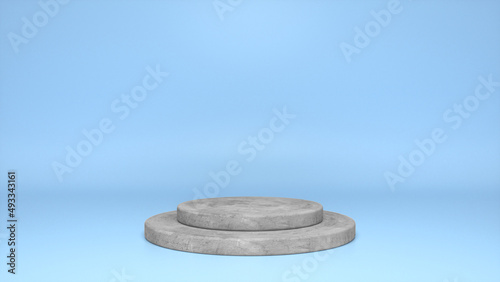 Stone podium, pedestal on blue background. Blank showcase mockup with empty round stage. Abstract geometry shape background. Stage for advertising product display with copy space. 3d render