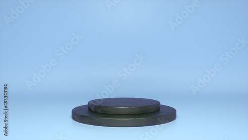 Black glossy podium, pedestal on blue background. Blank showcase mockup with empty round stage. Abstract geometry shape background. Stage for advertising product display with copy space. 3d render
