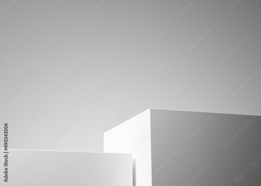 Fototapeta premium Modern white podium or pedestal for product showcase. Boxes shapes pedestal. White background. Empty stage display. 3d render illustration