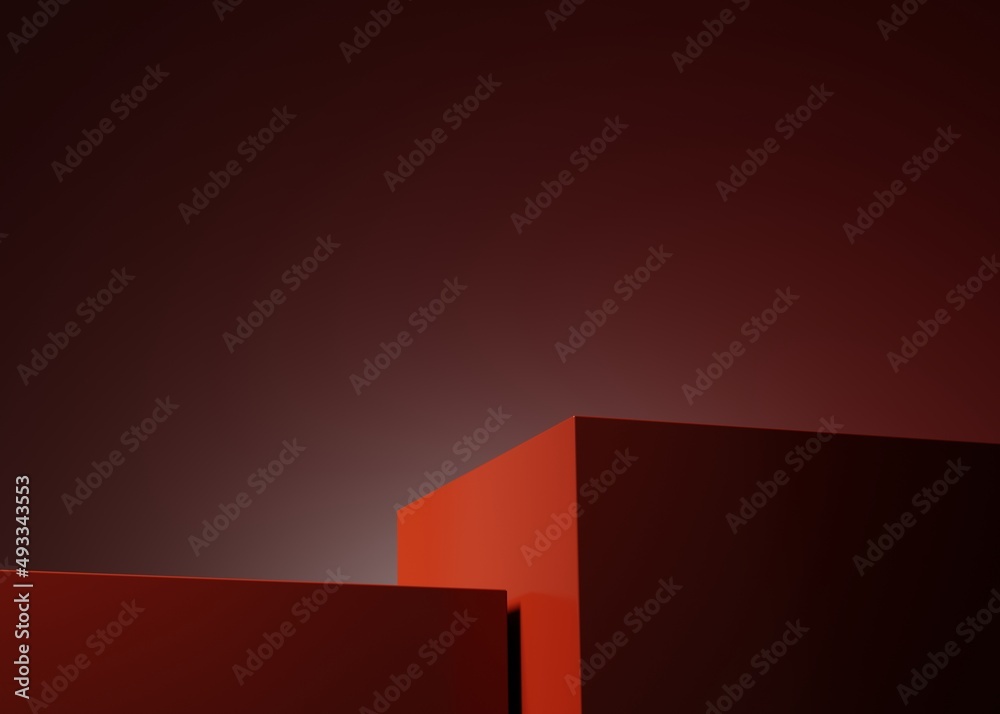 Modern dark red podium or pedestal for product showcase. Boxes shapes pedestal. Red background. Empty stage display. 3d render illustration Modern dark red podium or pedestal for product showcase. Boxes shapes pedestal. Red background. Empty stage display. 3d render illustration