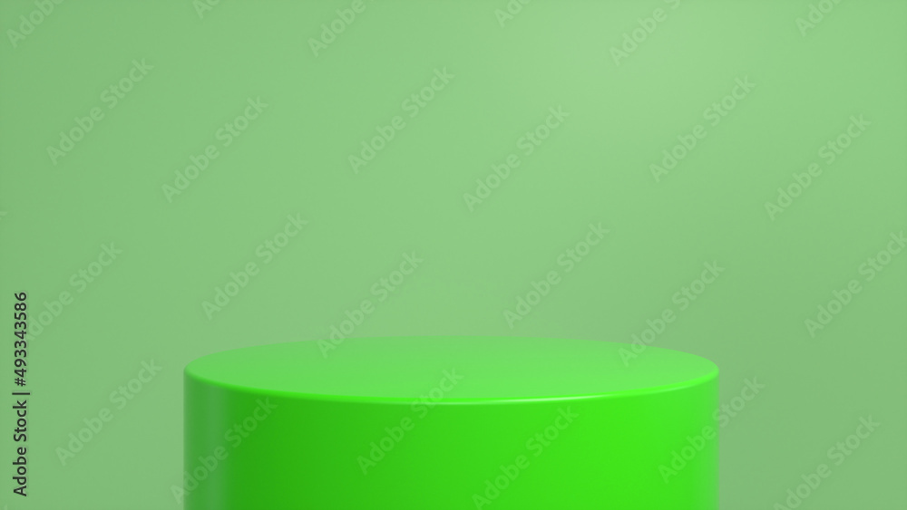 Green glossy podium, pedestal on green background. Blank showcase mockup with empty round stage. Abstract geometry background. Stage for advertising product display with copy space. 3d render Green glossy podium, pedestal on green background. Blank showcase mockup with empty round stage. Abstract geometry background. Stage for advertising product display with copy space. 3d render