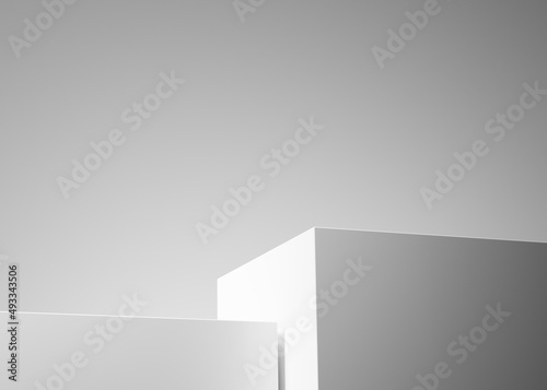 Modern white podium or pedestal for product showcase. Boxes shapes pedestal. White background. Empty stage display. 3d render illustration