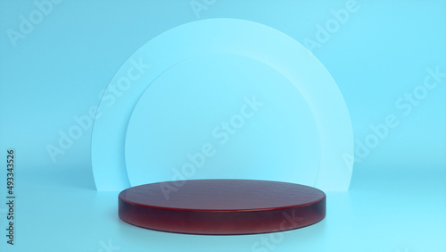 Red glossy podium  pedestal on blue background. Blank showcase mockup with empty round stage. Abstract geometry background. Stage for advertising product display with copy space. 3d render