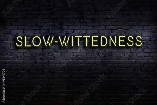 Night view of neon sign on brick wall with inscription slow-wittedness photo