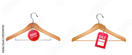 realistic wooden clothes hangers, classic and modern clothes hangers made from plastic and metal, wooden hangers isolated.
