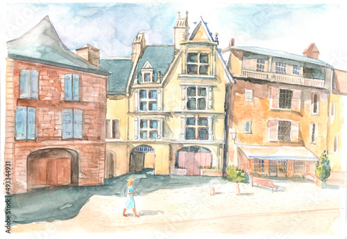 Bild auf Leinwand The city of Bergerac, a medieval street with old stone medieval houses on a sunny day are painted in watercolor