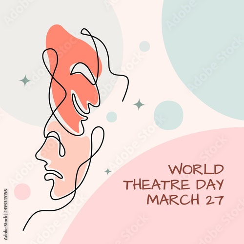 World theater day banner design, with character mask sketch, continuous one line drawing, vector illustration.