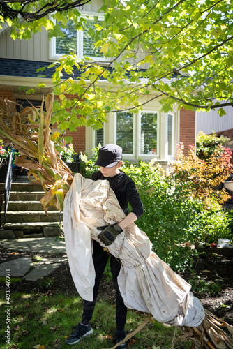Boy Carrying Corn Stalks Fall Halloween Decoration
