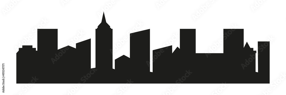 City buildings black silhouette. Town shape. City skyline sign. Vector illustration isolated on white background.