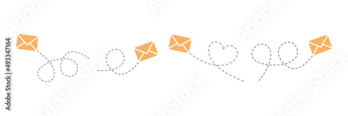 Envelope with line dotted route set. Flying mails group. Sending message linear collection. Vector isolated on white