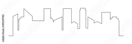 Continuous line drawing city buildings. Town one line art. Vector illustration isolated on white background.