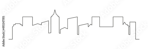 Continuous line drawing city buildings. Town one line art. Vector illustration isolated on white background.