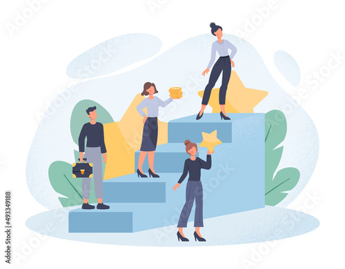 Career growth concept. Male and female entrepreneurs moving up career ladder and improving qualifications. Productive and successful employees or business people. Cartoon flat vector illustration