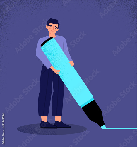 Young male character drawing with huge highlighter. Male character underlining text, draws blue stripe or highlights most important information. Employee working. Cartoon flat vector illustration
