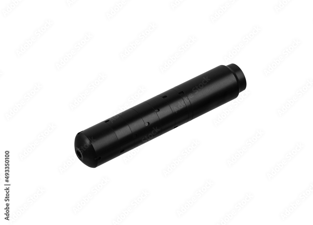 Black silencer for weapons. Suppressor that is at the end of an assault rifle. Isolate on a white back. Black silencer for weapons. Suppressor that is at the end of an assault rifle. Isolate on a white back.