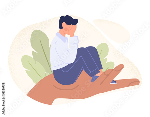 Psychotherapy and support concept. Young man sits on large arm and covers his face with his hands. Help in fight against psychological disorder and mental illness. Cartoon flat vector illustration